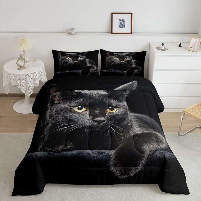 Erosebridal Black Cat Bedding Set Queen Size 3D Cat Comforter Set for Kids Girls Boys Cat Lover Cute Farmhouse Domestic Pet Animal Down Comforter Cute Cat Quilt Set Soft Warm Duvet Set Bedroom Decor