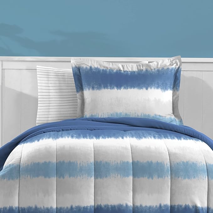 Dream Factory Kids 5-Piece Complete Bed Set Easy-Wash Super Soft Microfiber Comforter Bedding, Twin, Blue Tie Dye Stripe,2D872901BL