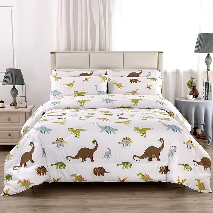 MAG 3Pcs Dinosaur Bedding Comforter Set, Dino White Base Full/Queen Comforter Set,for Toddlers Kids,Boys Teens and Girls,Super Soft Microfiber, Full/Queen Size (1 Comforter + 2 Pillowcases)
