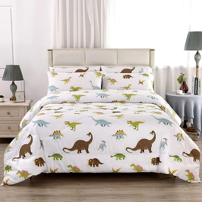 MAG 3Pcs Dinosaur Bedding Comforter Set, Dino White Base Full/Queen Comforter Set,for Toddlers Kids,Boys Teens and Girls,Super Soft Microfiber, Full/Queen Size (1 Comforter + 2 Pillowcases)