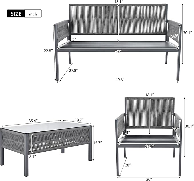 4-Piece Patio Conversation Furniture Set, Rope Weave Outdoor Loveseat Sofa with 2 Armchairs, Thick Cushion&Tempered Glass Table, for Garden Backyard, Onesize, Gray