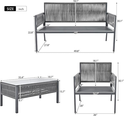 4-Piece Patio Conversation Furniture Set, Rope Weave Outdoor Loveseat Sofa with 2 Armchairs, Thick Cushion&Tempered Glass Table, for Garden Backyard, Onesize, Gray