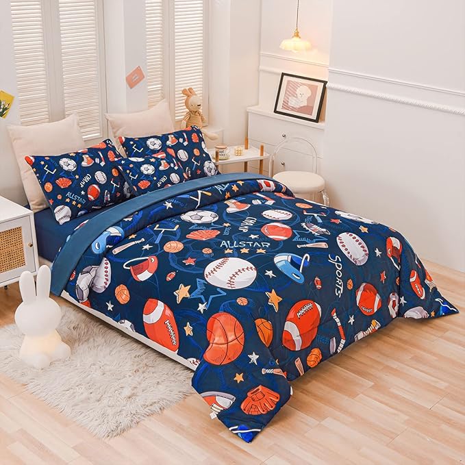 Sports Comforter Set with Sheet, 6 Pcs Bed in A Bag Twin Size Soccer Basketball Baseball Football Bedding Set for Boys Kids