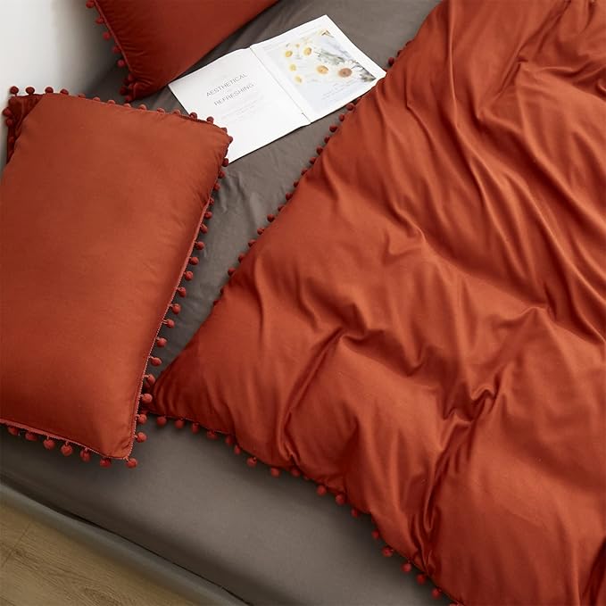 Burnt Orange Comforter Set King Size Rust Pom Comforter 3 PCs Burnt Orange Boho Ball Pom Fringe King Comforter Bedding Set Women Solid Terracotta King Bed Comforter Set All Season Gift