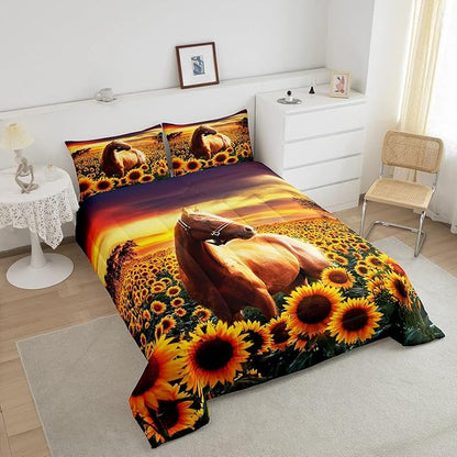 3D Horse Comforter Set for Kids Boys Wild Animal Down Comforter Girls Teen Adult Women Sunflower Quilted Duvet Brown Horse Bedding Comforters Cowboys Farmhouse Comforter with 2 Pillowcases, Full Size