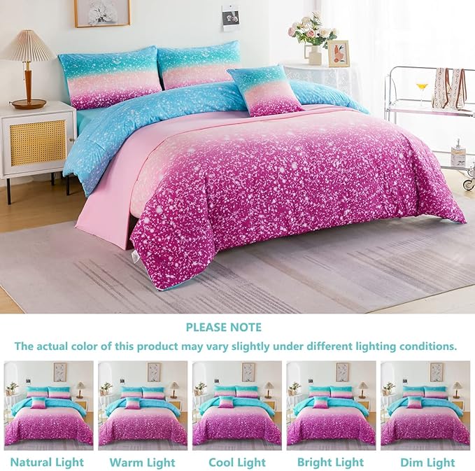 PERFEMET 6Pcs Teal Purple Comforter Set Twin Size, Tie Dye Rainbow Glitter Bed in A Bag, Gradient Pastel Ombre Sparkle Bedding Set for Kids Teens Girls (Blue Teal Purple, Twin)