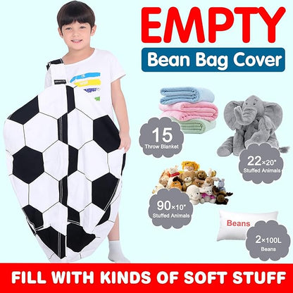 Lukeight Stuffed Animal Storage Bean Bag Chair Cover for Kids, Soccer Zipper Beanbag Chair Cover for Organizing Toddler & Kids' Rooms Plush Toys (Soccer, X-Large)