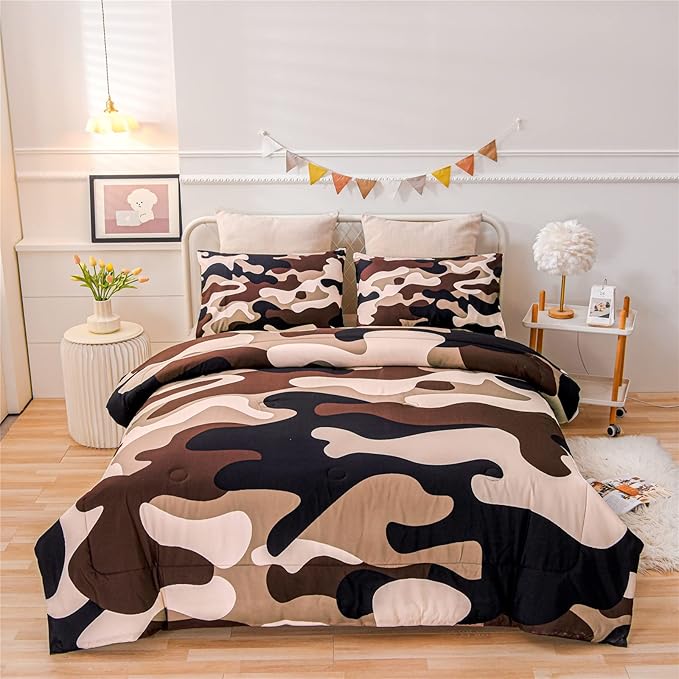 Meeting Story Camouflage Bedding Set, Colorful Pattern Style Queen Comforter Set, 3 PCS One Comforter and Two Pillowcases in One Bag, All Season Bedspread for Kids Teens Adults (Coffee, Twin)