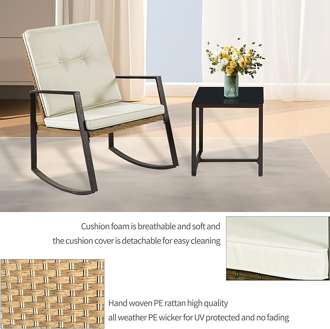 3 Pieces Rocking Bistro Set Outdoor Wicker Patio Furniture Conversation Coffee Table,Washable Cushion for Porch,balcony,Garden,Backyard,Poolside(Beige)