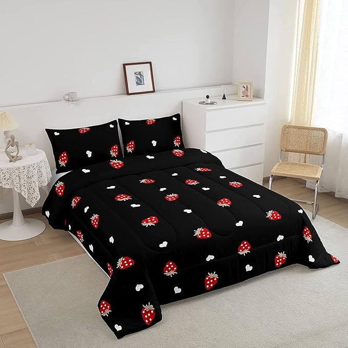 Kawaii Bedding Strawberry Comforter Set King Size Strawberry Decor Down Comforter Red Strawberry Bedding Set Cute Fruits Theme Sweet Strawberry Quilt Set Soft Reversible with 2 Pillowcases, Red Black