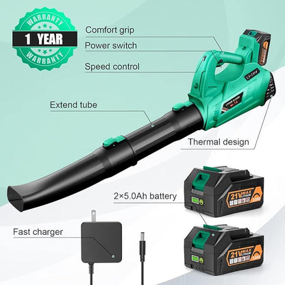 Leaf Blower - 320CFM 180MPH 21V Leaf Blower Cordless with 2 X 5.0 Ah Battery & Charger, Electric Leaf Blower Battery Powered Leaf Blower Lightweight for Snow Blowing & Lawn Care Yard Cleaning