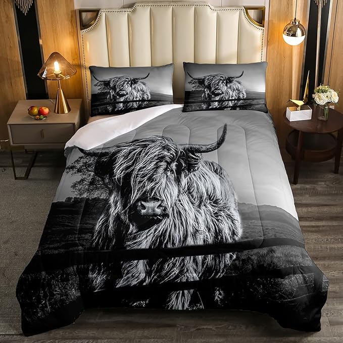 Highland Cow Bedding Set Full Size Grey Bull Cattle Comforter Set Funny Farmhouse Wildlife Animal Duvet Set for Kids Boys Girls Teens Western Cowboy Style Down Comforter Adult Bedroom Decor