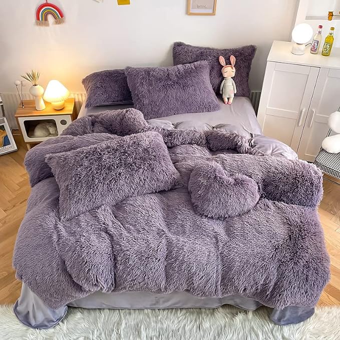 Faux Fur Kid Girls Purple Comforter Sets King - 3PC Bed Set Warm Comfortable Soft Plush Flannel Velvet Fluffy Fuzzy Bedding（Comforter x 1 Pillowcases x 2）