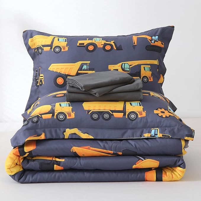 Wajade 7 Piece Construction Truck Kids Comforter Set for Boys Twin Size 3D Vehicles Excavator Cars Bedding Set for Kids Teens(1 Comforter, 1 Flat Sheet, 1 Fitted Sheet, 2 Pillowcase and 2 Pillow Sham)