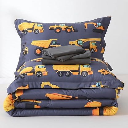 Wajade 7 Piece Construction Truck Kids Comforter Set for Boys Twin Size 3D Vehicles Excavator Cars Bedding Set for Kids Teens(1 Comforter, 1 Flat Sheet, 1 Fitted Sheet, 2 Pillowcase and 2 Pillow Sham)