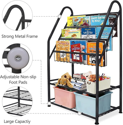aboxoo Metal Kids Bookshelf Black Toy Chests & Organizers Large Freestanding for Children Toy Chests & OrganizersRoom 25 in Toy Organizer Large Stable Bookcase Bookstore Library Bed Living Room