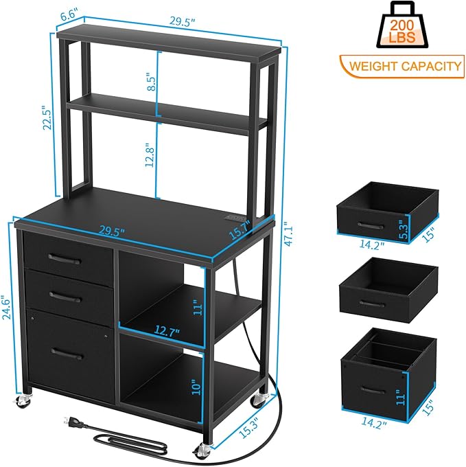 File Cabinet with Drawers and Shelves,Mobile Printer Stand with Storage,Black Filing Cabinet with Wheels for Home Office