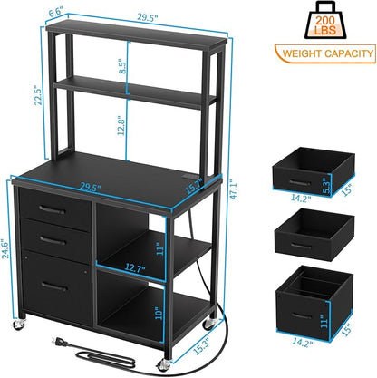 File Cabinet with Drawers and Shelves,Mobile Printer Stand with Storage,Black Filing Cabinet with Wheels for Home Office