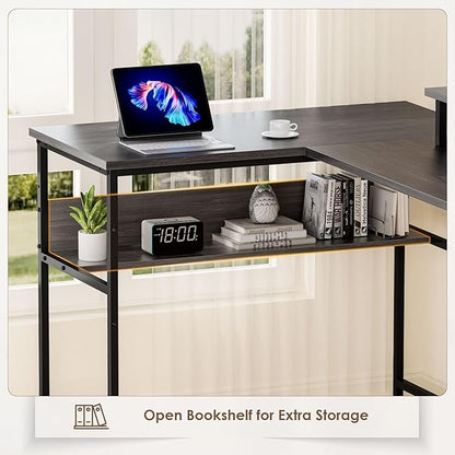 79” U Shaped Desk with Power Outlets, Reversible L Shaped Gaming Desk with Storage Shelves, Large Corner Computer Desk with Monitor Stand, 2 Person Desk for Home Office, Grey Black
