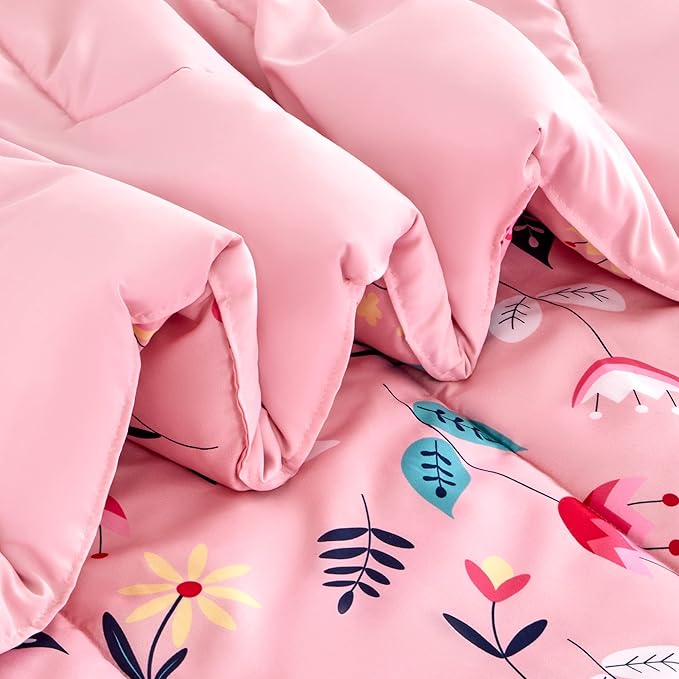 SLEEP ZONE Kids Twin Bedding Comforter Set - Super Cute & Soft Kids Bedding 5 Pieces Set with Comforter, Sheet, Pillowcase & Sham (Pink Flower)