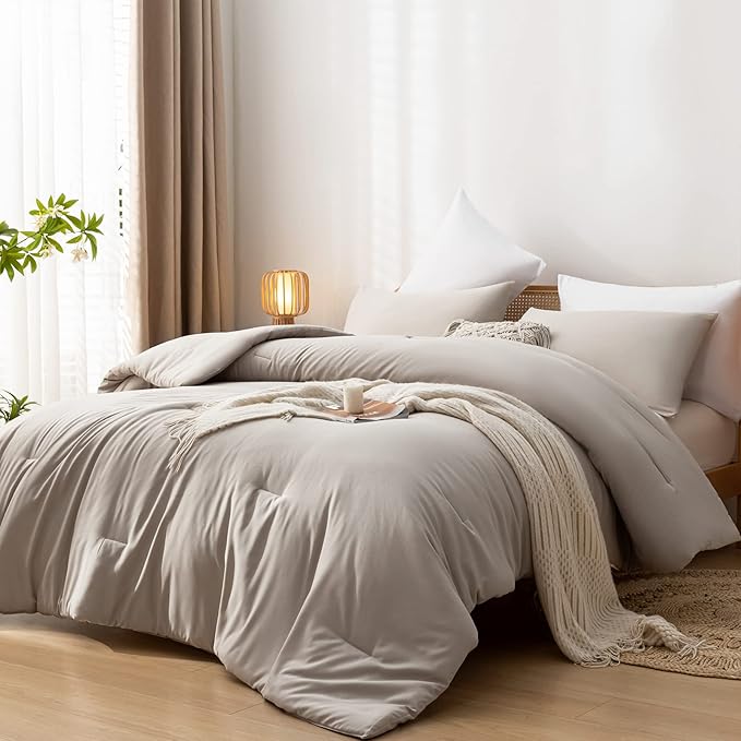 3PCS Boho Full Size Comforter Set Tannish Grey Farmhouse Bed Comforter for Teen Women and Men Reversible Warm Washable Microfiber Comforter for All Season
