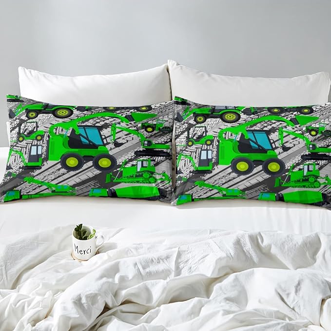 Excavator Down Comforter, Kids Boys Cartoon Car Comforter Set Twin, Children Tractor Truck Duvet Sets Girls Construction Vehicle Bulldozer Bedding Set 2 Pieces with 1 Pillow Case, Green Gray