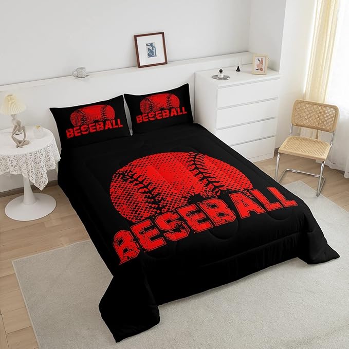 Erosebridal Kids Baseball Full Size Bedding Set Red Black Sports Comforter Set for Boys Girls Teen,Reversible Black Quilt Comforter Soft Lightweight for All Season,1 Comforter and 2 Pillow Cases