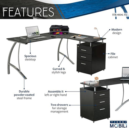 Techni Mobili Modern Computer File Cabinet and Storage L-Shaped Desk, Espresso