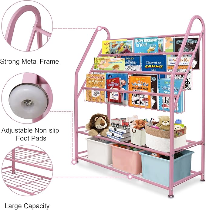 aboxoo Metal Kids Bookshelf Pink Bookcase Freestanding for Children Girls Room 32 inches Large Toddler Pink Stable Bookcase Bookstore Library Book Unit Storage