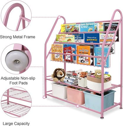 aboxoo Metal Kids Bookshelf Pink Bookcase Freestanding for Children Girls Room 32 inches Large Toddler Pink Stable Bookcase Bookstore Library Book Unit Storage