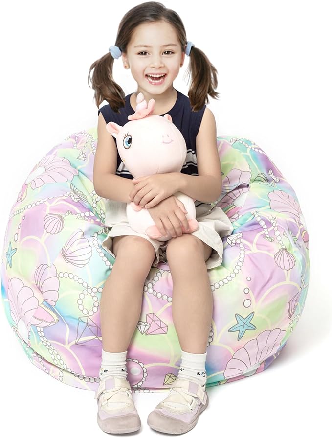 Stuffed Animal Storage Bean Bag Chair Cover, Hold Kids Plush Toys Blankets Towels Beanbag (Cover Only), Canvas Floor Circle Stuff Sit Seat Sofa with YKK Zipper, Large 32", Pink Shell