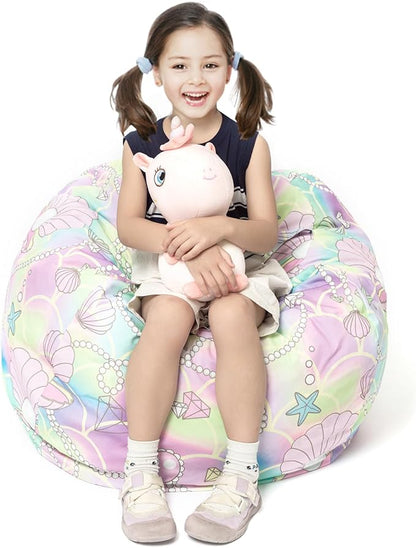 Stuffed Animal Storage Bean Bag Chair Cover, Hold Kids Plush Toys Blankets Towels Beanbag (Cover Only), Canvas Floor Circle Stuff Sit Seat Sofa with YKK Zipper, Large 32", Pink Shell