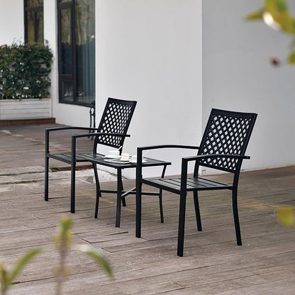 3 Piece Iron Bistro Set Stackable Outdoor Patio Furniture Set with 2 Large Comfortable Porch Chairs and Metal Coffee Table, Black