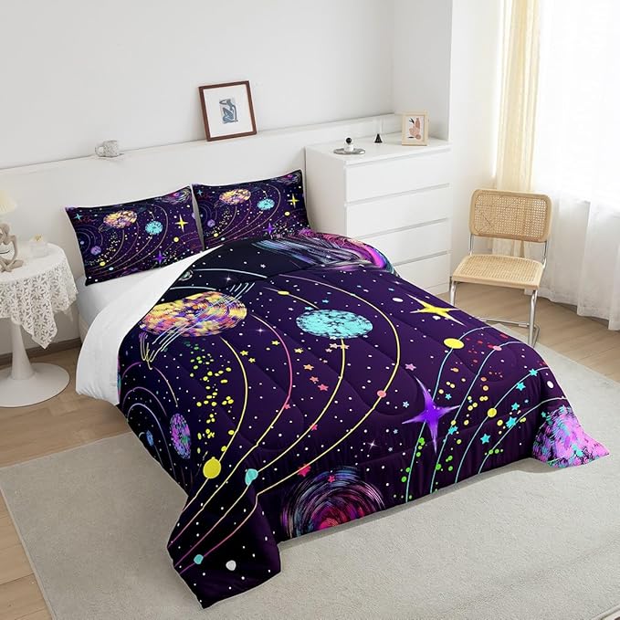 Feelyou Solar System Comforter Set Twin Size Outer Space Comforter for Kids Teens Adults Universe Planets Bedding Set Cute Astronaut Purple Duvet Set Room Decor 2Pcs with 1 Pillow Case