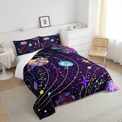 Feelyou Solar System Comforter Set Twin Size Outer Space Comforter for Kids Teens Adults Universe Planets Bedding Set Cute Astronaut Purple Duvet Set Room Decor 2Pcs with 1 Pillow Case