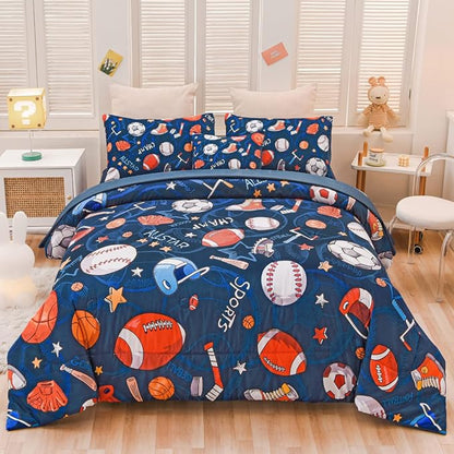 Sports Comforter Set with Sheet, 6 Pcs Bed in A Bag Twin Size Soccer Basketball Baseball Football Bedding Set for Boys Kids