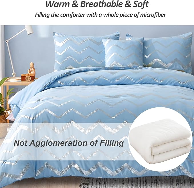 Blue/Silver Comforter Set Queen, Metallic Print Glitter Bedding Set Cute Shinny Bed Sets for Teen Girls Kids Women, 4 Piece (2 Pillowcases, 1 Decorative Pillow Sham)