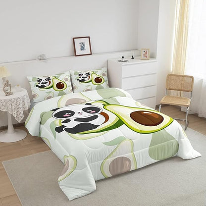 Erosebridal Panda Comforter Set Full,Avocado Bedding Set Cute Black White Panda Bedding Bear Cat Bedding Comforter for Kids Boys Girls Green Tropical Fruit Quilt Duvet Set Room Decor 2 Pillow Cases