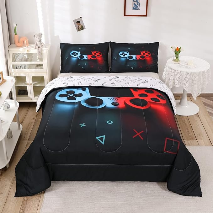 Erosebridal Gaming Comforter Set Twin Size for Boys Kids Game Room Decor Video Game Gamer Comforter Man Teens Bedroom Gamepad Bedding Set All Season,Black Blue Red