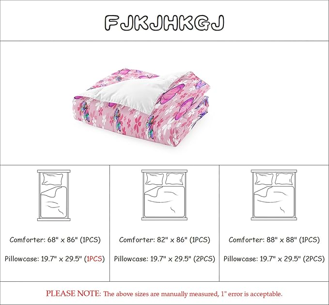 Kids Butterfly Comforter Set - Butterfly Queen Bedding Set Pink Butterflies Prints Bedding Set for Girls Room Cute Princess Bedding Set for All Season Butterfly Bed Set, 1 Comforter + 2 Pillowcases