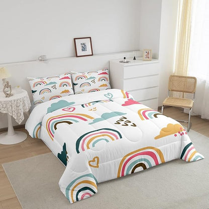 Girly Rainbow Comforter Set Queen Size,Hand Drawn Kawaii Rainbow Bedding Sets for Kids Children,Lovely Cartoon Style Clouds Love Heart Duvet Insert Abstract Artwork Down Comforter with 2 Pillow Shams