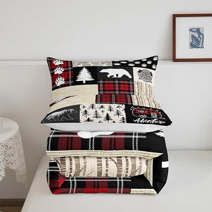 Bear Comforter Set King Size,Pine Trees Animals Hunting Bedding Set for Kids Boys Girls Adults Room Decor,Camping Adventure Rustic Farmhouse Down Comforter,Red Plaids Duvet Insert,2 Pillowcases