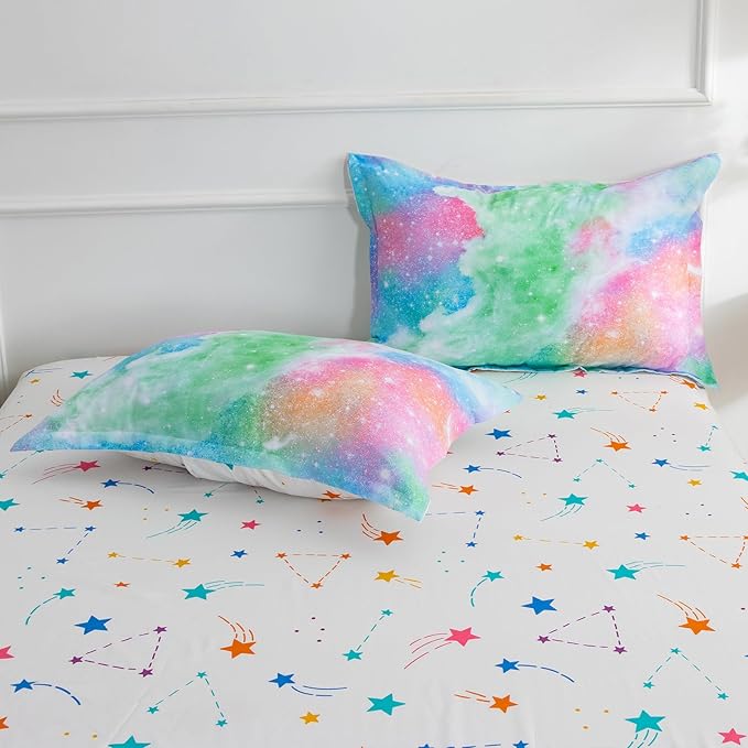 A Nice Night Galaxy Bedding Sets Outer Space Comforter 3D Printed Space Quilt Set Twin Size Glitter Pink Green Color,for Children Boy Girl Teen Kids