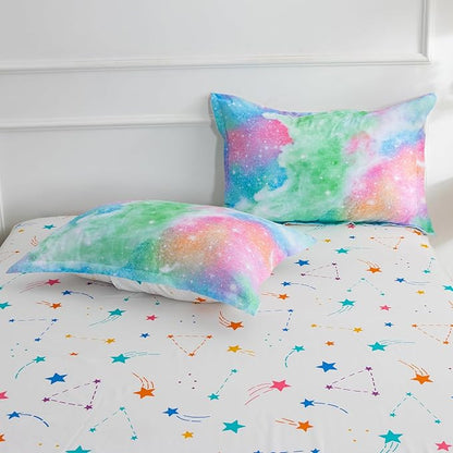 A Nice Night Galaxy 6pcs Kids Bed in a Bag Outer Space Comforter 3D Printed Space Quilt Set Glitter Pink Green Color,for Children Boy Girl Teen Kids,Twin