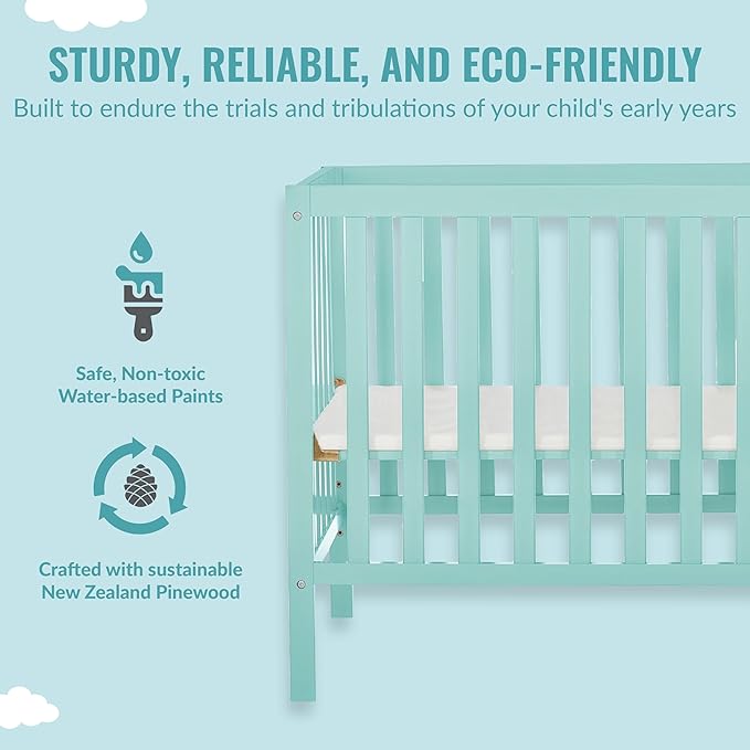 Edgewood 4-In-1 Convertible Mini Crib In Mint, JPMA Certified, Non-Toxic Finish, New Zealand Pinewood, With 3 Mattress Height Settings, Included 1" Mattress Pad