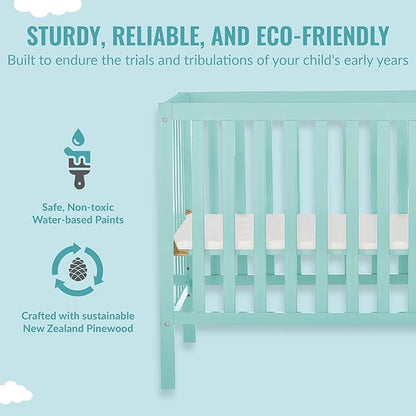 Edgewood 4-In-1 Convertible Mini Crib In Mint, JPMA Certified, Non-Toxic Finish, New Zealand Pinewood, With 3 Mattress Height Settings, Included 1" Mattress Pad