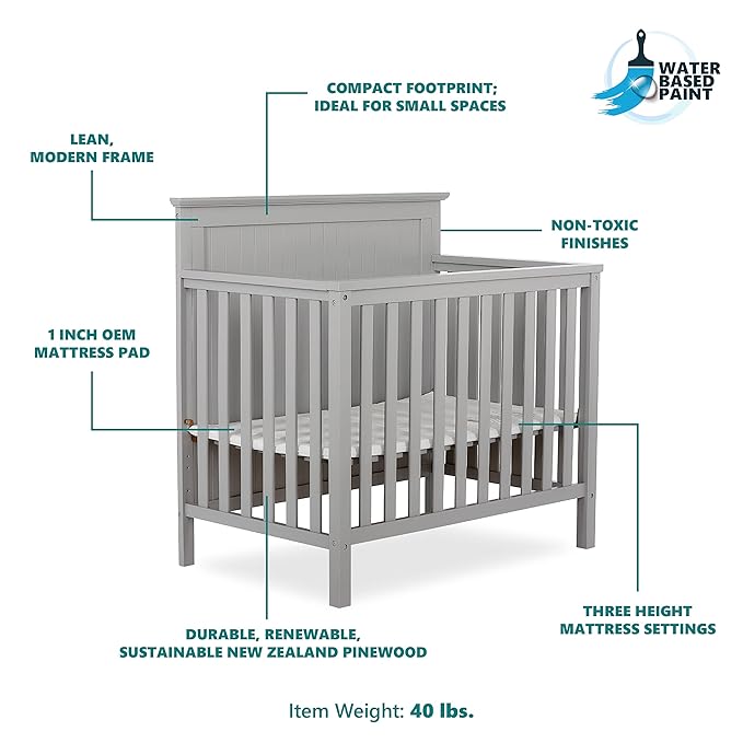 Ava 4-in-1 Convertible Mini Crib in Pebble Grey, 635-PG, Greenguard Gold Certified, Non-Toxic Finish, Comes with 1" Mattress Pad, with 3 Mattress Height Settings