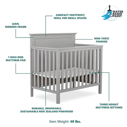 Ava 4-in-1 Convertible Mini Crib in Pebble Grey, 635-PG, Greenguard Gold Certified, Non-Toxic Finish, Comes with 1" Mattress Pad, with 3 Mattress Height Settings