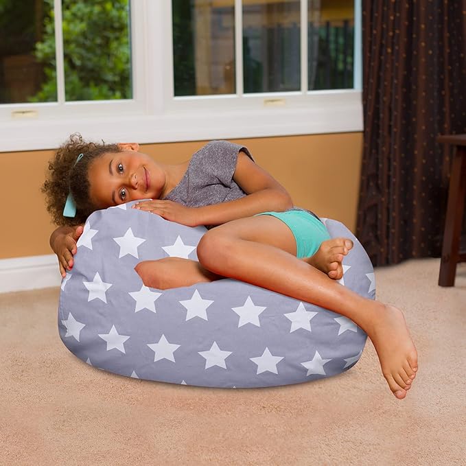 Posh Creations Bean Bag Chair for Kids, Teens, and Adults Includes Removable and Machine Washable Cover, Canvas White Stars on Gray, 27in - Medium