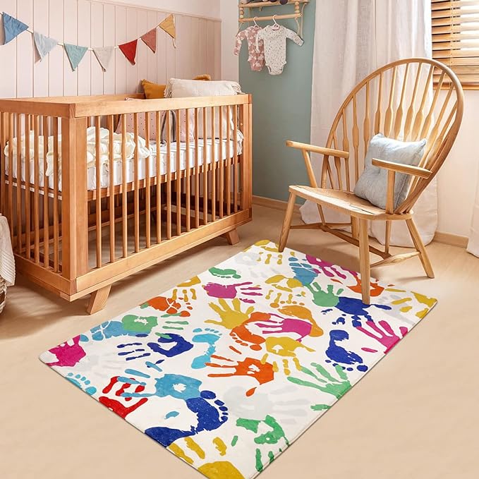 Handprints and Footprints Kids Rug for Playroom, 3'x5' Washable Colorful Nursery Rug for Boys and Girls Room, Ultra Soft Non-Slip Carpet Indoor Mat for Classroom Bedroom